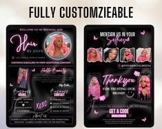 two flyers for a hair salon with pink hair and butterflies on the front, one in black