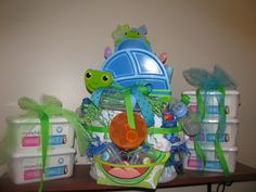 a basket filled with baby items on top of a table