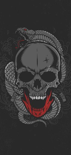 a skull with a snake around it's neck on a black background and red eyes