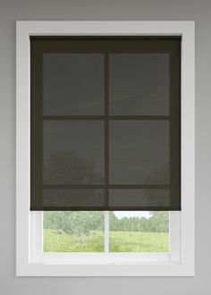 an open window with blinds on the outside and in front of it is a green field