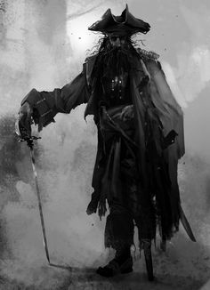 a black and white photo of a man dressed as a pirate with two swords in his hand