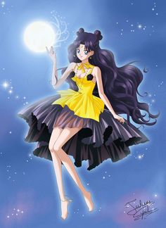 a girl in a yellow dress flying through the air with a moon above her head