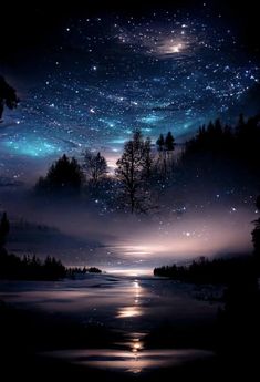 the night sky is filled with stars and trees