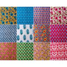 six different types of fabric with flowers and hearts on them, all in various colors