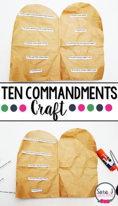 two pieces of brown paper with the words ten commandments craft on it and some scissors