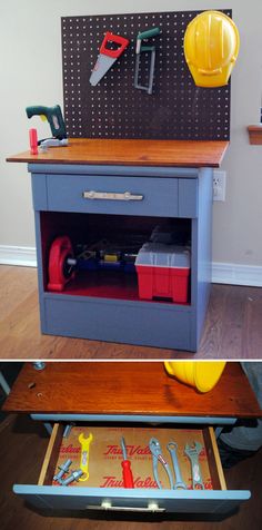 a workbench with tools and construction equipment on it