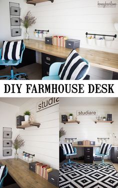 this is a collage of photos with the words diy farmhouse desk in black and white