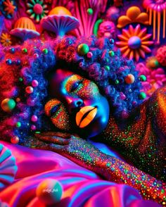 a woman with colorful hair and makeup laying on top of a bed covered in glitter