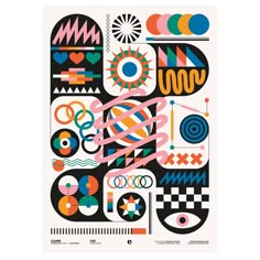 an art print with geometric shapes and lines on it's sides, including circles