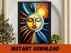 an image of a sun and moon with the words instant art printable on it