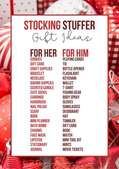 a christmas stocking stuff list with red and white ornaments in the background, including presents