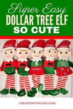 three christmas elf dolls with text overlay that reads, paper easy dollar tree elf so cute