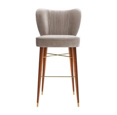 an upholstered bar stool with wooden legs and a grey fabric seat, viewed from the front