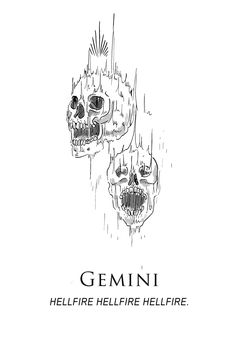 two skulls with the words gemini above them are drawn in black and white