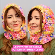 two women wearing colorful crochet hats and scarfs with text that reads chunk crochet balclava