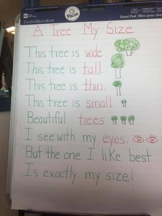 a white board with writing on it that says, a tree my size this free is wide this tree is tall this tree is small beautiful