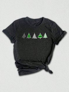 Introducing our "Christmas Tree Shirt"! Get into the holiday spirit with this festive and stylish Christmas Shirt. Featuring a beautiful pine tree design, this shirt is perfect for spreading Christmas cheer. It makes an excellent Christmas gift for friends and family or a special treat for yourself. Gather your loved ones and celebrate the joy of the season with our delightful Christmas Family Tree shirt. Let the spirit of Christmas shine bright with our charming Christmas Tree Shirt!Christmas Tree Shirt, Christmas Shirt, Christmas Gift, Pine Tree Shirt, Christmas Holiday Shirt, Christmas Family Tree Dark Grey Casual  Short Sleeve  Animal,Cartoon,Christmas,Colorblock,Figure,Geometric,Graphic,Letter,Plaid,Striped,Plants,Textured Pattern    Women Clothing, size features are:Bust: ,Length: ,S Family Tree Shirt, Pine Tree Design, Christmas Gift For Friends, Plant Texture, Christmas Tree Shirt, Cartoon Christmas, Charming Christmas, Animal Cartoon, Tree Shirt