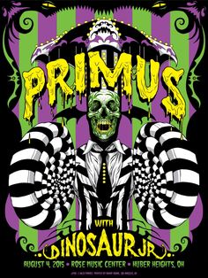 the poster for primus with dinosaur jrr, which features an image of a skeleton holding