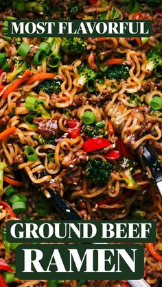 a close up of noodles with broccoli and peppers in a pan on the table