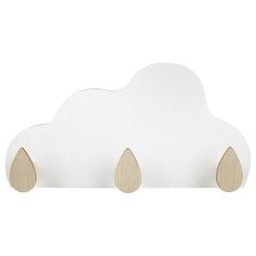 a white cloud with three wooden drops hanging from it's sides