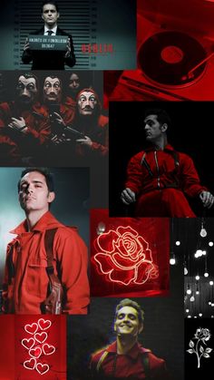 the collage shows many different types of lights and people in red shirts, with one man