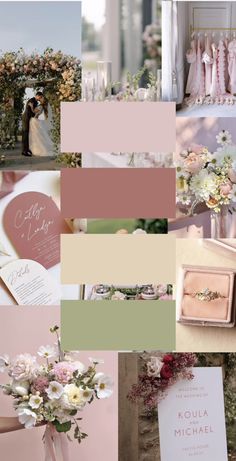 a collage of wedding photos with pink and green tones