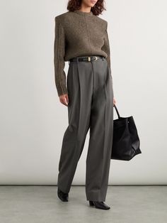 Bottega Veneta's sweater has sharp, padded shoulders and raised seams that make it feel especially polished. It's knitted from wool-blend and has chunky ribbed trims. Wear yours with everything from tailored pants to faded jeans. Net A Porter Bottega Veneta, Classic Gray, Faded Jeans, Tailored Pants, Brown Sweater, Dress Trousers, Wool Blend Sweater, Bold Prints, Office Fashion