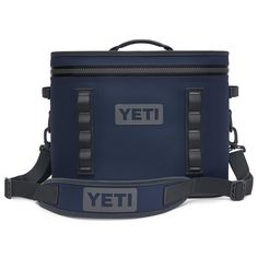 a blue yeti cooler bag with the word yeti on it's side