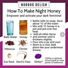 Rebecca Shelton | Night honey is One of the most powerful tools that any woman can have in her magical bag of tricks. Here is the recipe along with powerful… | Instagram Night Honey Hoodoo, Honey Jar Hoodoo, Potion Recipes Witchcraft, Secret Witch, Hoodoo Delish, Recipes Notebook, Divine Feminine Power, Purple Notebook