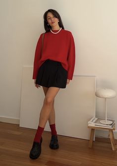 Red Hand Bag Outfits, White Skirt Red Top Outfit, Red And Black Casual Outfit Ideas, White High Neck Outfit, Red Dinner Outfit, Play Outfit Theater, Oversized Collared Shirt Outfits, Red Mini Skirt Outfit, Skirt With Sweater Outfit