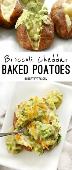 broccoli cheddar baked potatoes on a white plate with a spoon in it