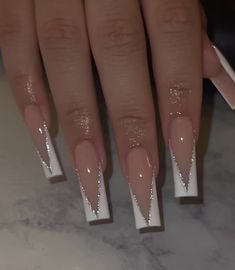 French Tip Nails W Diamonds, White Tip Acrylic Nails Designs, Long Square Wedding Nails, White Diamond Acrylic Nails, French Tip Designs With Gems, Wedding Acrylic Nails Bridesmaid, Long Square Coffin Acrylic Nails, V French With Glitter, French Tip Acrylic Nails Birthday