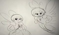 two cartoon characters are drawn in pencil on white paper, one is wearing a bee costume and the other is holding a flower