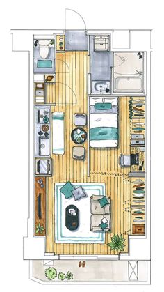 an overhead view of a living room and bedroom from the top down on a floor plan