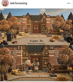 an animated image of a building with pumpkins on it