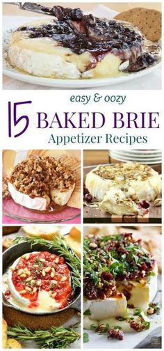 five baked brie appetizers with different toppings and text overlay that reads, 5 easy & cozy baked brie appetizer recipes