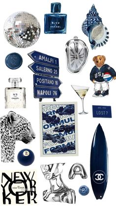 many different items are grouped together to form a collage in blue and white colors