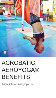 an advertisement for aerobatic aeroyoga benefits, featuring a woman hanging upside down