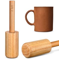 the wooden handle is next to an empty cup and a rolling pin on a white background