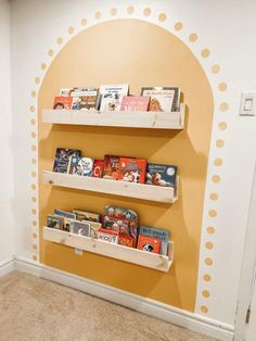 three wooden bookshelves on the wall in a children's room with polka dot walls