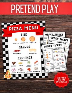 a pizza menu with the words pretend play on it and an image of toppings