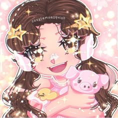 a girl holding a pig in her arms with stars around her head and smiling at the camera