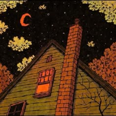 a painting of a house with the moon in the sky above it and trees below