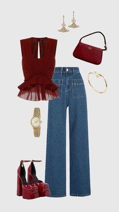 Occasional Outfits, Maroon Outfit, Corset Outfit, Elegante Casual, Inspo Outfit, Trendy Outfit, Looks Chic, Waist Jeans