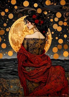 a painting of a woman wearing a red dress with a full moon in the background