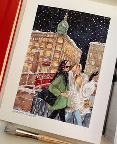 a painting of two women walking in front of a building at night with snow falling on the ground