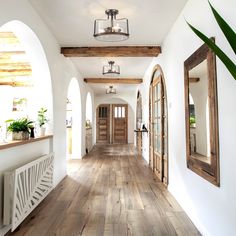 an empty hallway with wooden floors and arched doorways on both sides, surrounded by potted plants