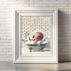 an octopus is sitting in a bathtub with a faucet on the floor