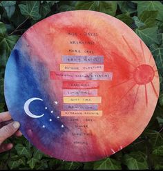 a hand holding up a paper plate with writing on it and an image of the moon