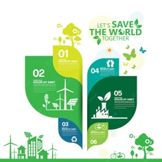 save the world together poster with green leaves and windmills